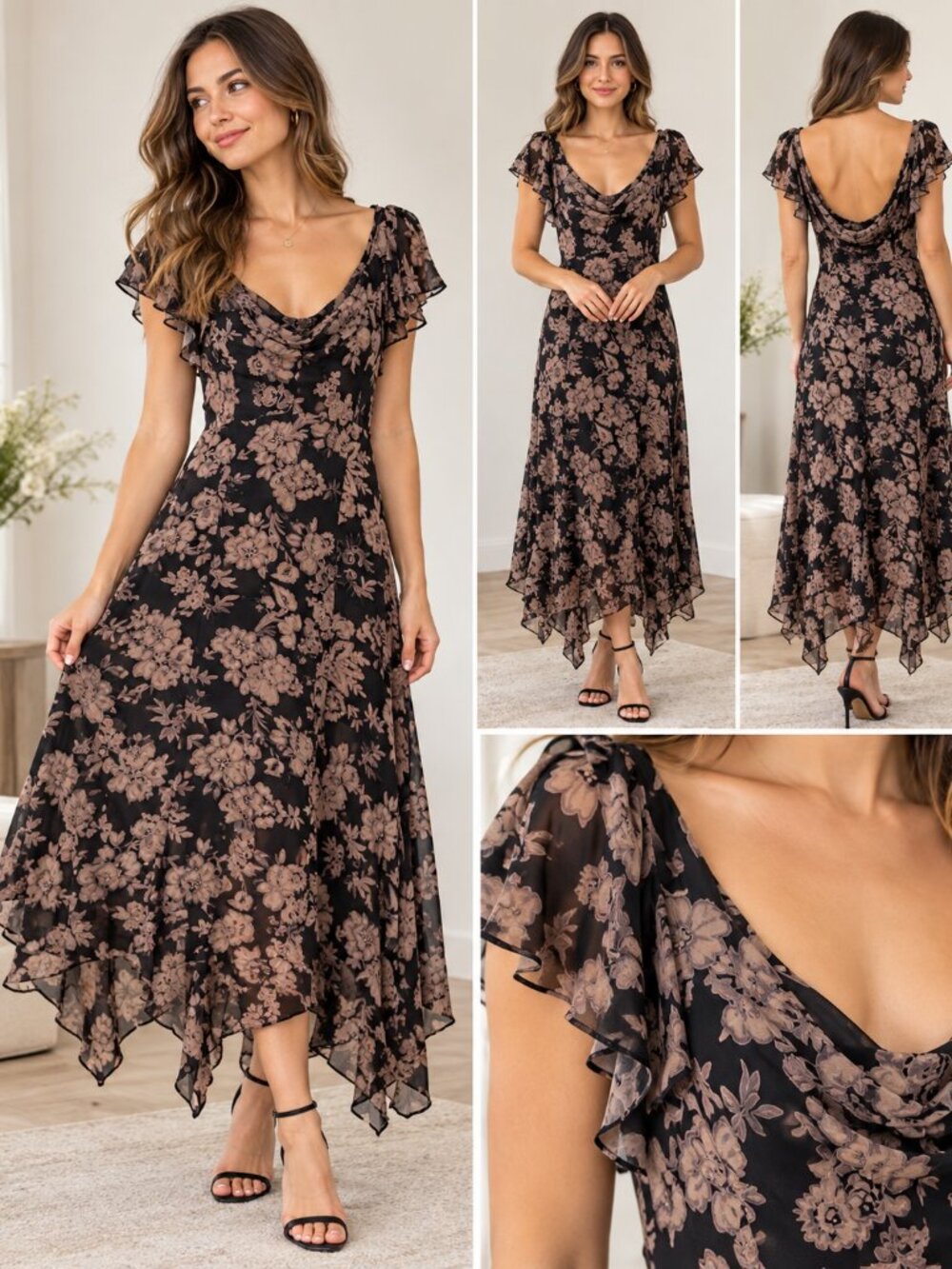 Black & Taupe Floral Chiffon Maxi Dress Flutter Sleeve